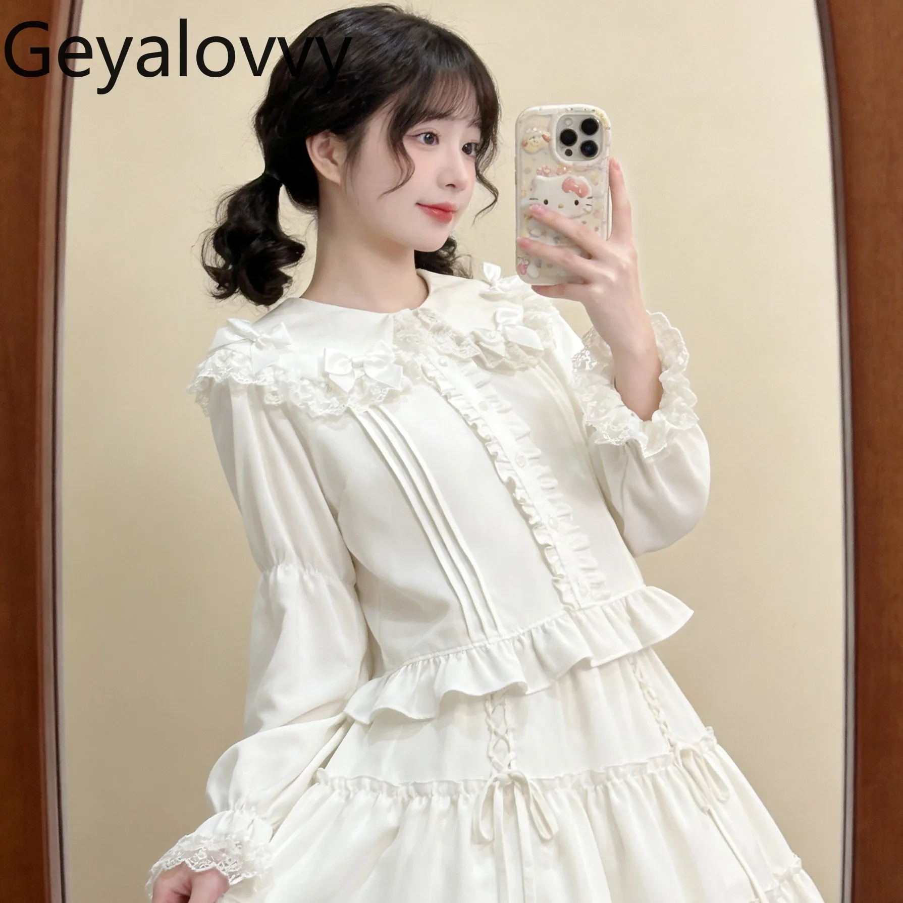 

2026 Spring New Lolita Short Inner Blouse Doll Collar Bow Long Sleeve Base Shirt Versatile White Sweet Soft Girl Tops