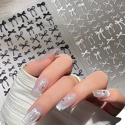 1 unidad de pegatinas autoadhesivas para decoración de uñas con lazo en relieve blanco, rosa y negro, Mini calcomanías decorativas para manicura Vintage