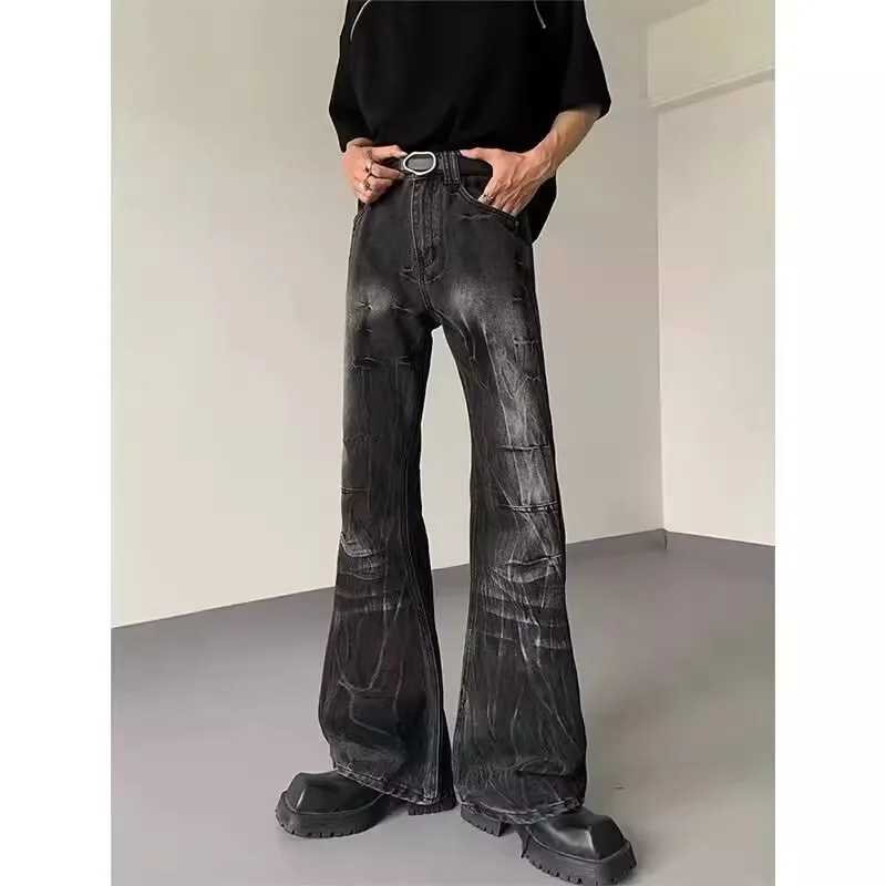 

Retro American Folded Lightning Pattern Bla Jeans Men Women Sle Slimming Waed Wide Leg Micro Flared Long Pants