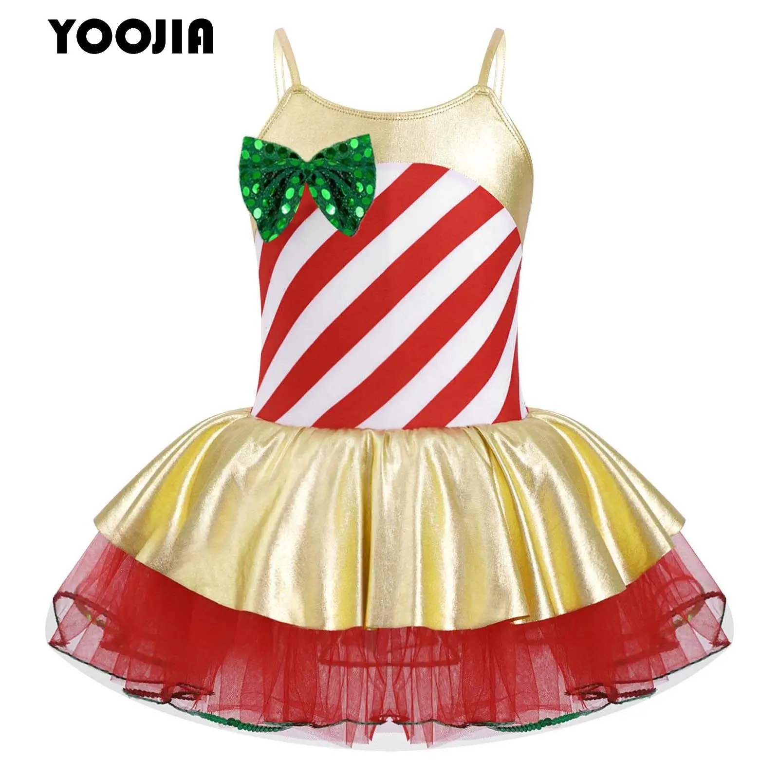 

Kids Girls Candy Cane Christmas Dance Costume Shiny Sequins Mrs Santa Claus Elf Princess Mesh Tutu Ballet Dance Leotard Dress