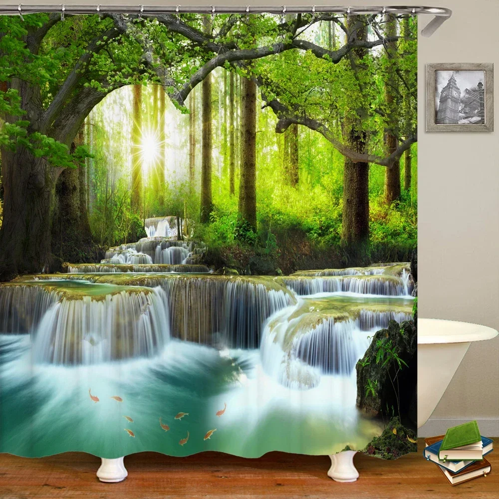 3d Printing Green Forest Waterfall Shower Curtains Waterproof Bathroom Curtain With Hooks Bath Curtain 180*200 Polyester Fabric