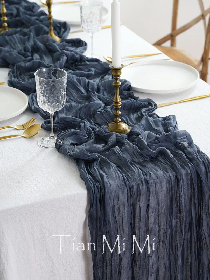 عداء طاولة شاش شبه شفاف ، أزرق غامق ، غطاء جبن عاصف ، طاولة حلوى ، ديكور زفاف عتيق لتناول الطعام ، إعدادات طاولة منزلية مريحة