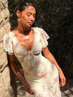 Women Floral Print Flutter Sleeve Pleated Dress Lady Sexy Fashion V-neck Waist Cinched Vestidos 2026 Summer Evening Sundress - Image 5
