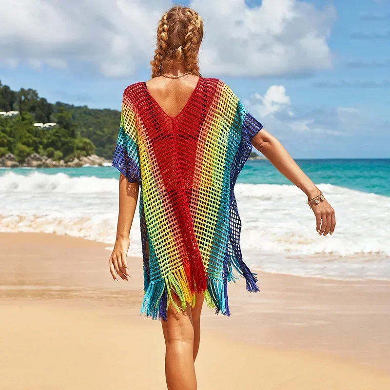 New Rainbow Crochet Hollow Out Bikinis Swimsuit Cover Ups Women Beachdress Loose Beach Outing Sarong Sun Protection Clothing