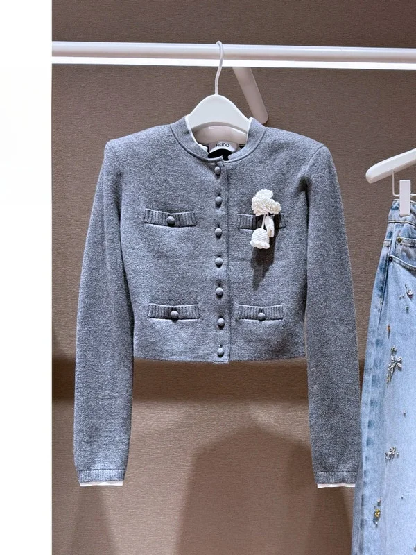 Heidd High-End ey Lange Sve Gebreide Trui Herfst 3D Bloem Kleine Opstaande Kraag Casual Sle Polyestervezel Warmte Verwarming