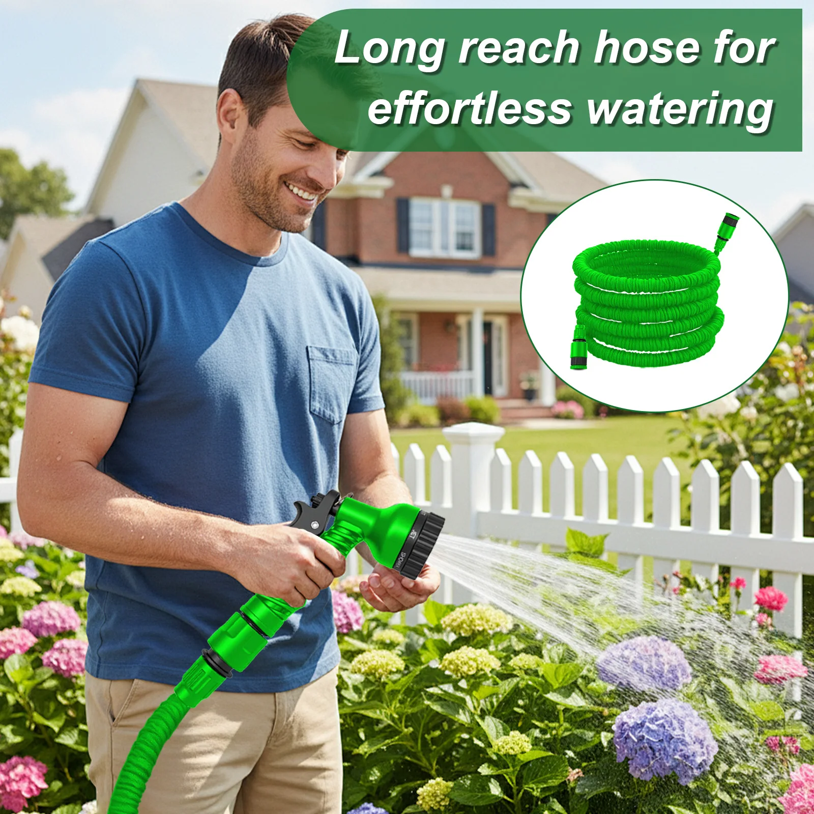 15 m (50 Fuß) ausziehbarer, erweiterbarer Gartenschlauch, Hochdruck-Wasserschlauch mit Multifunktions-Sprühdüse für die Bewässerung im Freien, zum Waschen von Autos und als Haushaltsgerät (Grün/Blau). – Detail 4