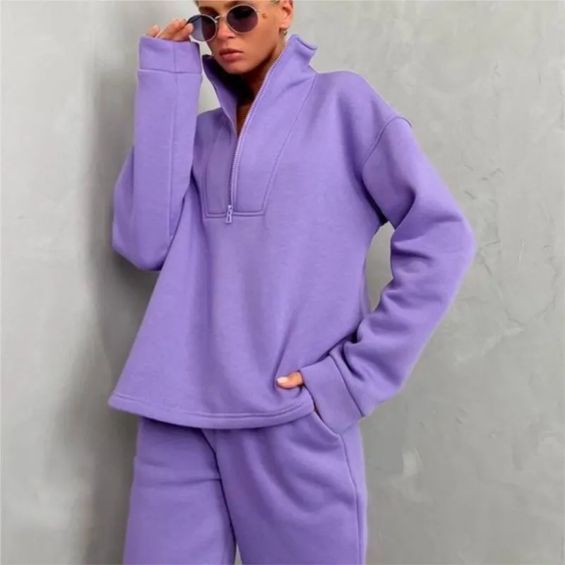 

2025 Autumn Womens 2-Piece Lightweight Fleece Set Zip-Up Hoodie & High-Waist Joggers Cozy Active Looks Street Wears
