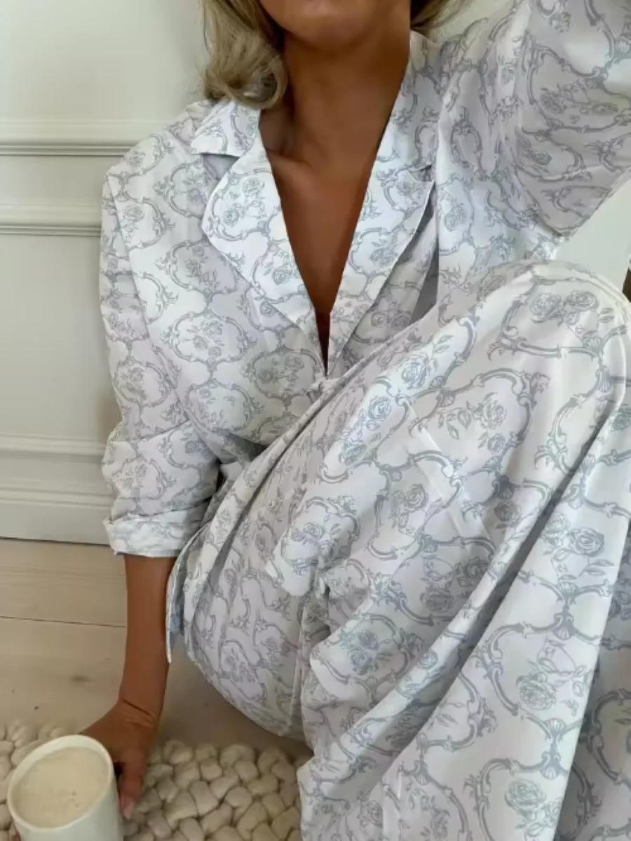 

Retro Print Female Pajamas Style Suit 2025 New Notched Collar Long Sleeve Blouse + Elastic Waist Straight Wide Leg Pants Set