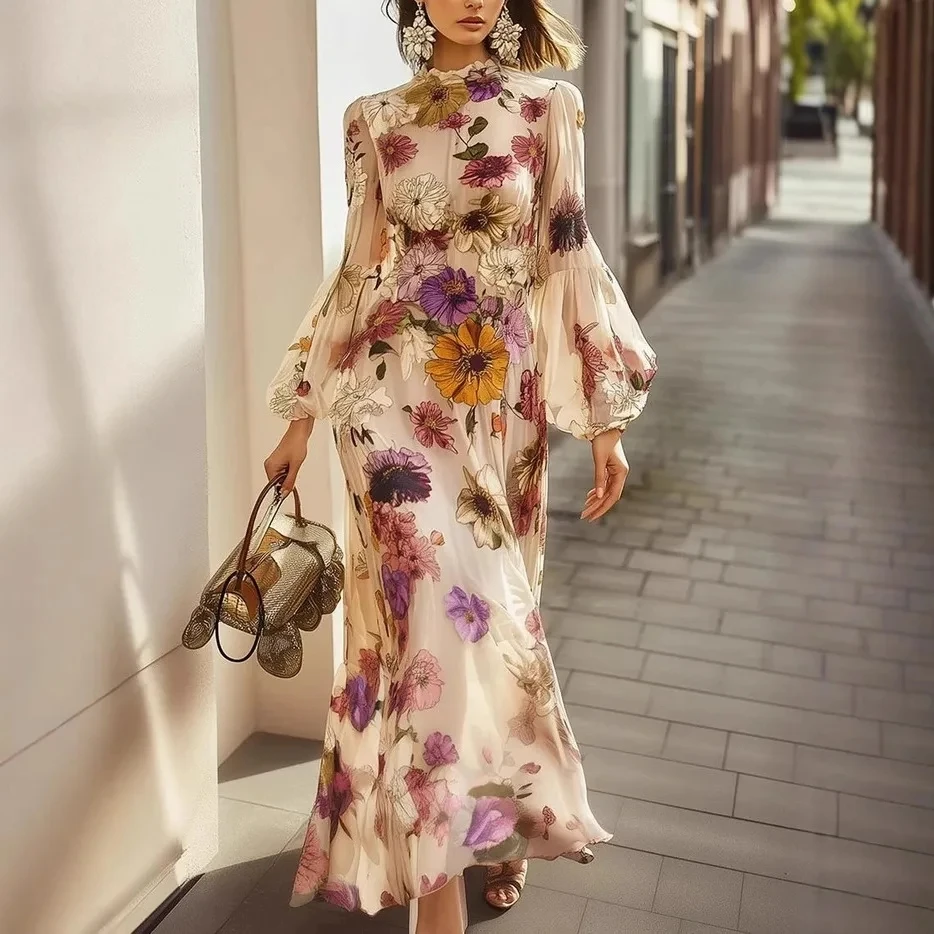 

2025 Women's Autumn Loose Round Neck Bohemian Fashion Printed Long Beach Vacation Style New Lantern Long Sleeves Ropa Para Mujer