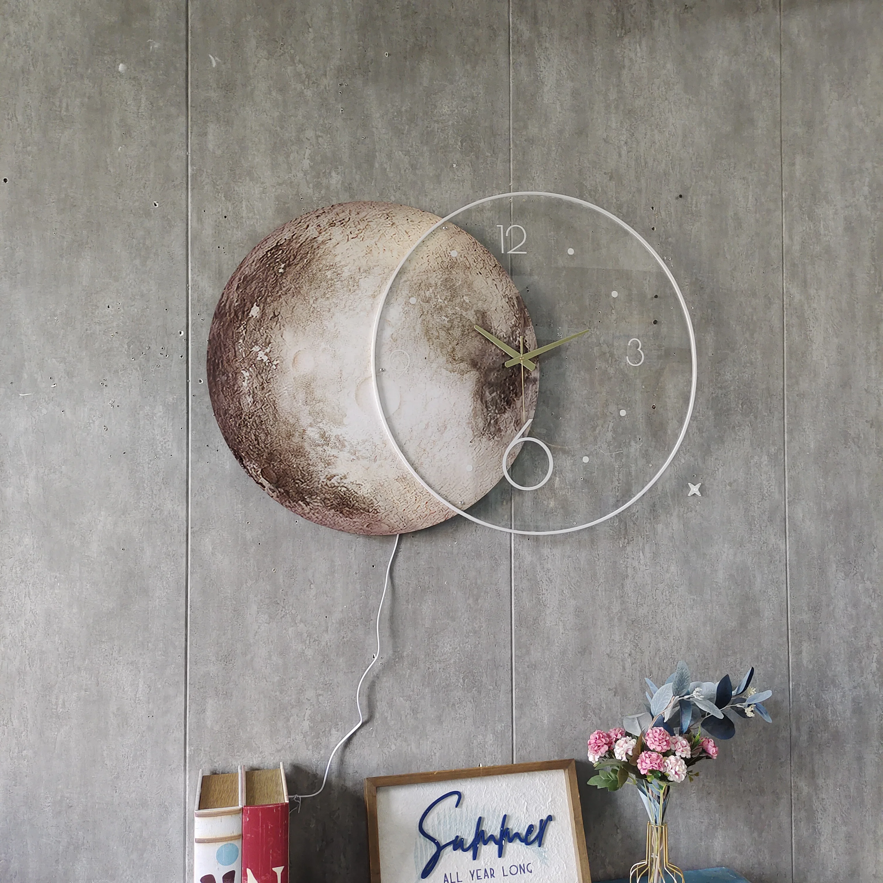 #90X65CM Wabi-sabi Style Living Room Decorative Painting Moon LED Clock Wall Clock for Sofa Backdrop