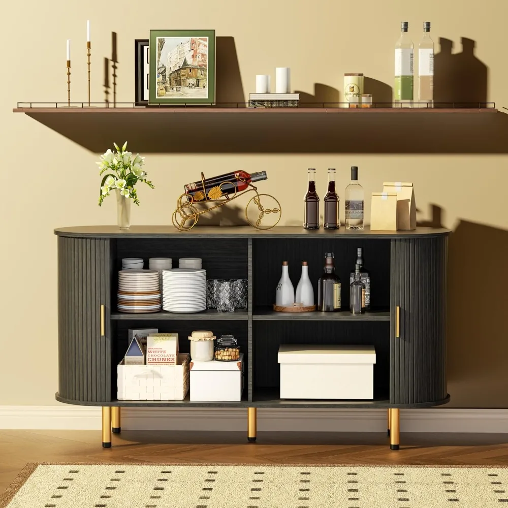 収納付きサイドボードビュッフェキャビネット、タンブールスライドドアと調節可能な棚付き、アクセントコーヒーバーコンソールテーブル