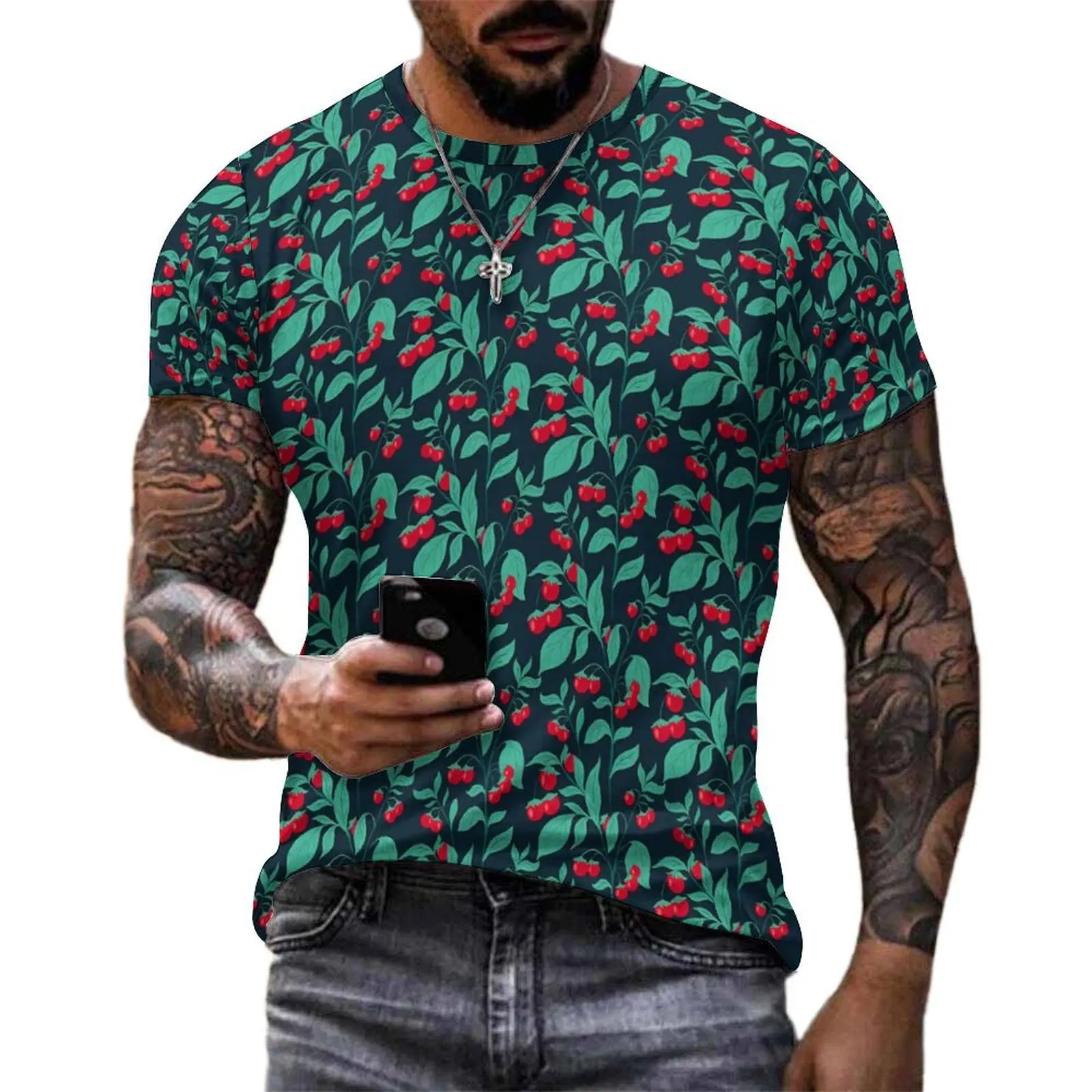 Summer T Shirt Cherries Tomatoes T-Shirts Fruit Print Basic Popular Tees For Mens Short Sleeve Custom Big Size Clothes
