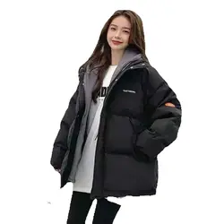 Down Cotton-padded Jacket Girl Winter Clothes  New Middle School Students Cotton-padded Jacket Short Fake Two-piece Hooded Coat.