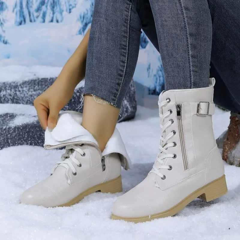 British Style Women's  Boots Large Size 43 Short Tube PU Leather round Toe Low Heel Flat Bottom Warm Artificial Fleece