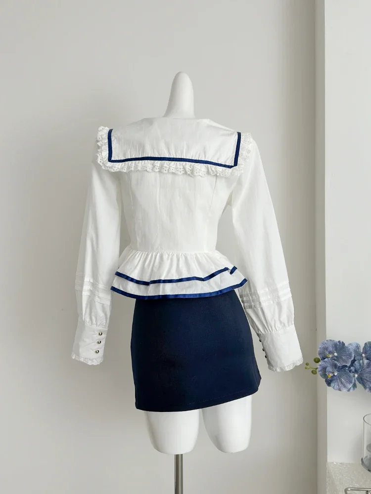 Japanese Preppy Style Lace Elegant 3 Piece Set Women Autumn Bow Y2k Vintage Design Mini Skirt Suit Female Sailor Collar Chic Set