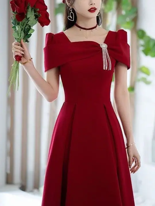 Red Evening Dr Ele a vita media gonna a linea ort Sve Zipper Sle Cerimonia di matrimonio Fidanzamento Par Tessuto in poliestere