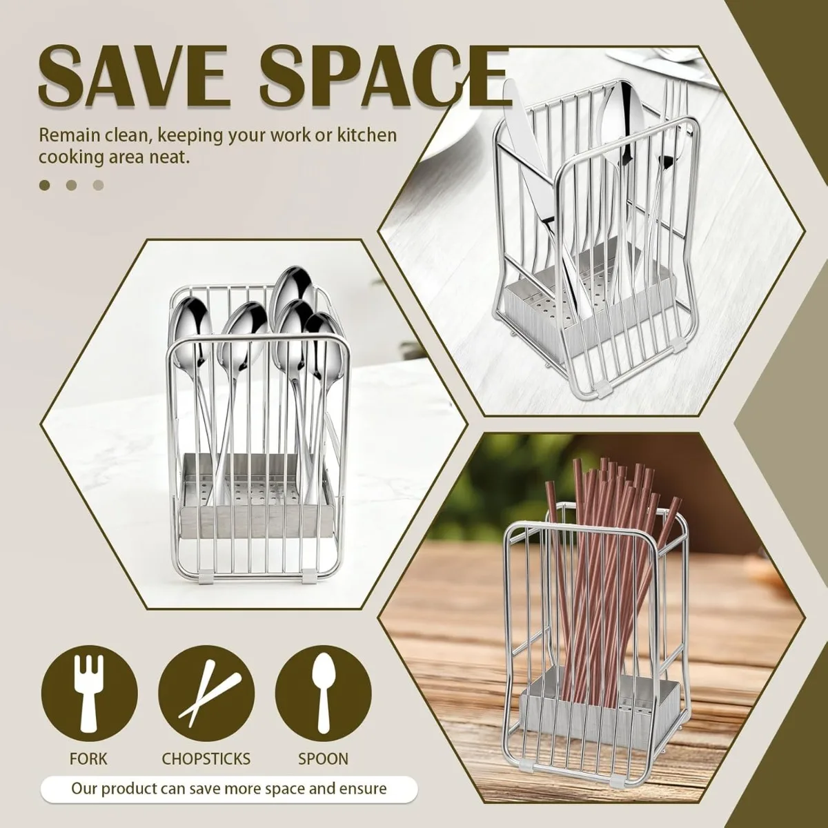 Kitchen Organizer Utensil Holder Stainless Steel Cutlery Rack Rustproof Drainer Basket Countertop Storage for Chopstick Spoon 3