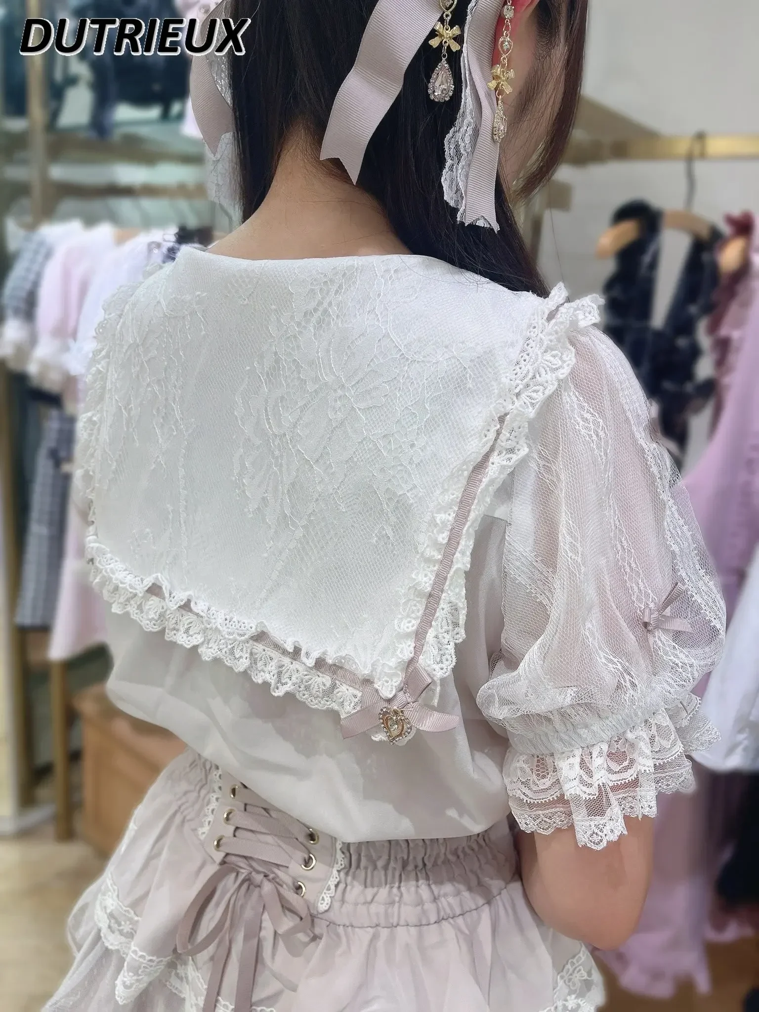 Japanese Autumn Mine Mass-Produced Sweet Girls Blouse Pearl Bow Sailor Collar Lace Chiffon Short Sleeve Shirt for Women