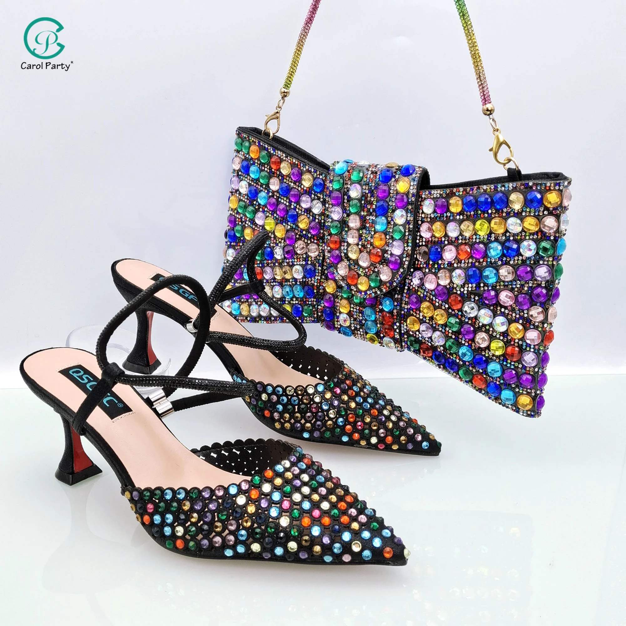 

Women's Shoes Black Colorful New Crystal Women's Wedding Shoes Paired with Luxury High Heels, Party Dress Shoes, and Wallet