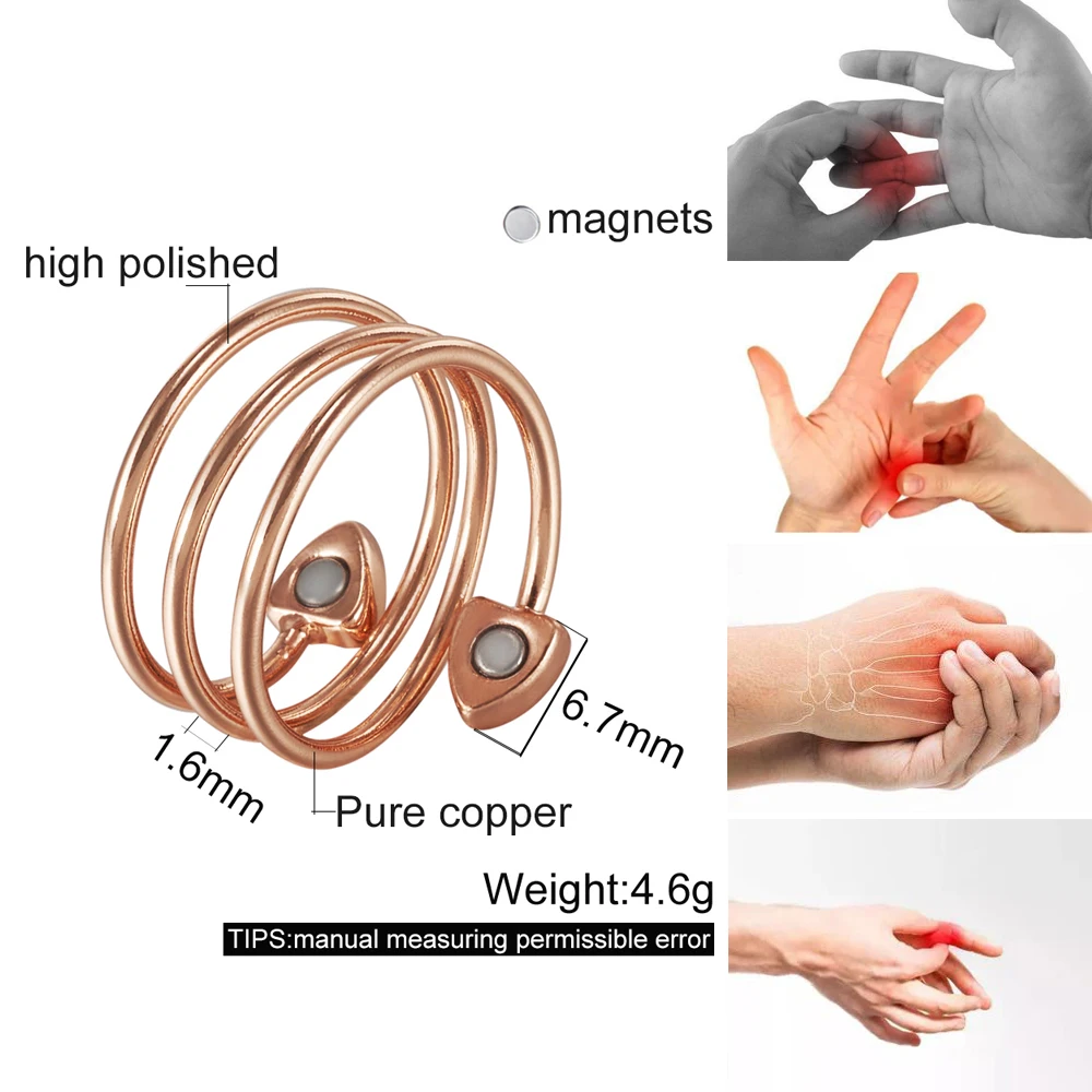 Vinterly النحاس النقي حلقات مغناطيسية 3 صفوف صحة القلب الطاقة فنجر الكفة قابل للتعديل مجوهرات معدنية عالية المغناطيس يمكن تغيير حجمها