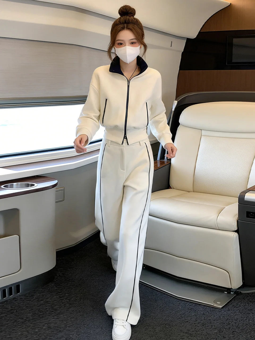 

Fashionable Casual Spring Set Women's Long Sleeve Open Cardigan High Waist Wide Leg Pants Running Two Piece Set Stripe Pattern