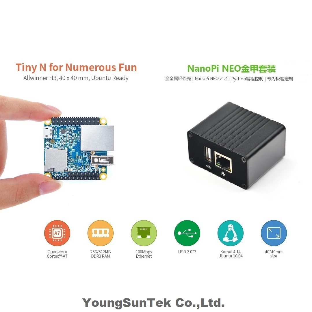 NanoPi Neo (512MB RAM) & CNC Metal-Case Heatsink kit  YoungSunTek OpenWRT, H3 Quad Cortex-A7 1.2GHz,Ubuntu Linux Armbian DietPi