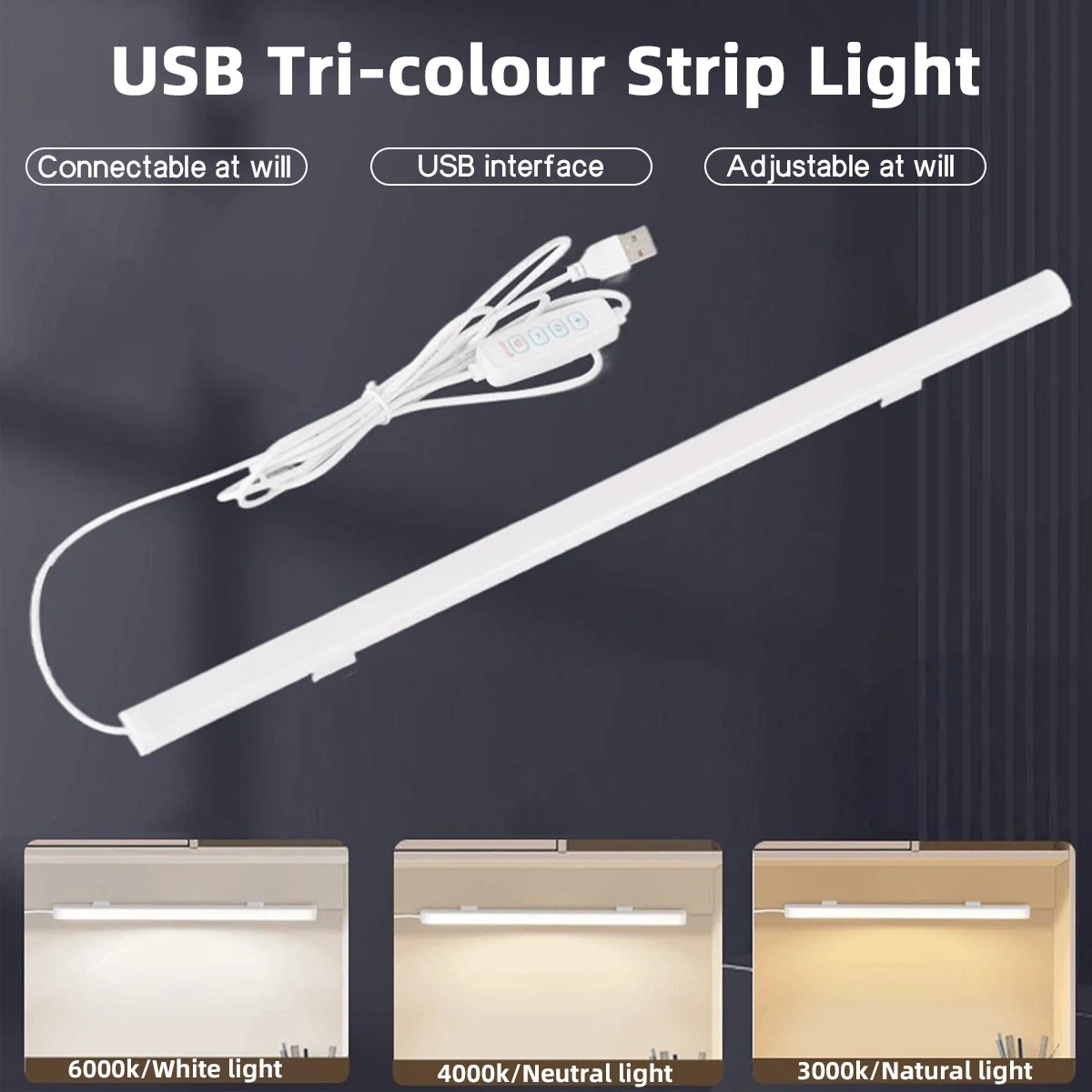 

Magnetic Strip LED Night Light USB Charging 3 Adjustable Colors Soft Light Energy Saving Kitchen Cabinet Bedside Lamp