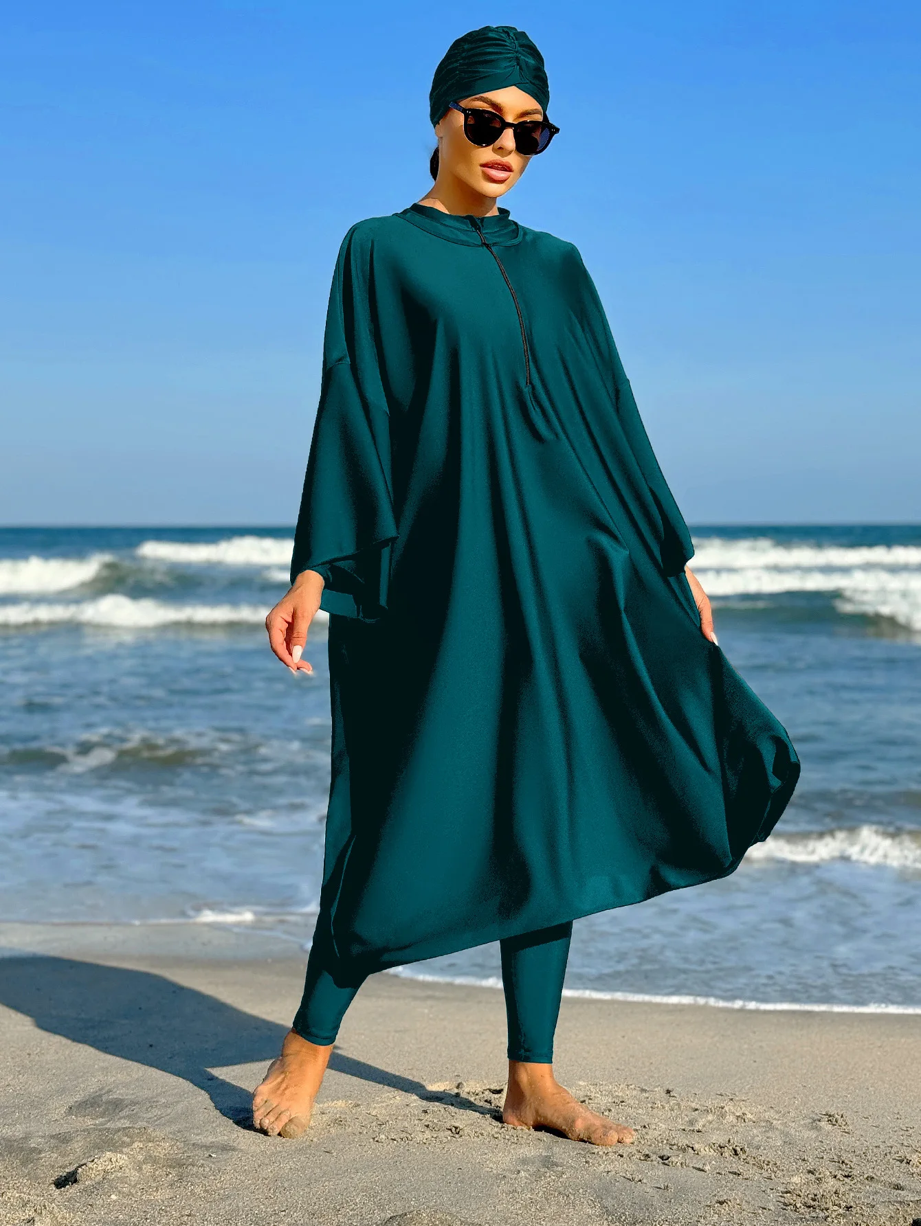 Modest Swimwear Royal Green swimsuit Loose Swimwear for Women solid color long sleeved Robe and one-piece swimwear with Hijab