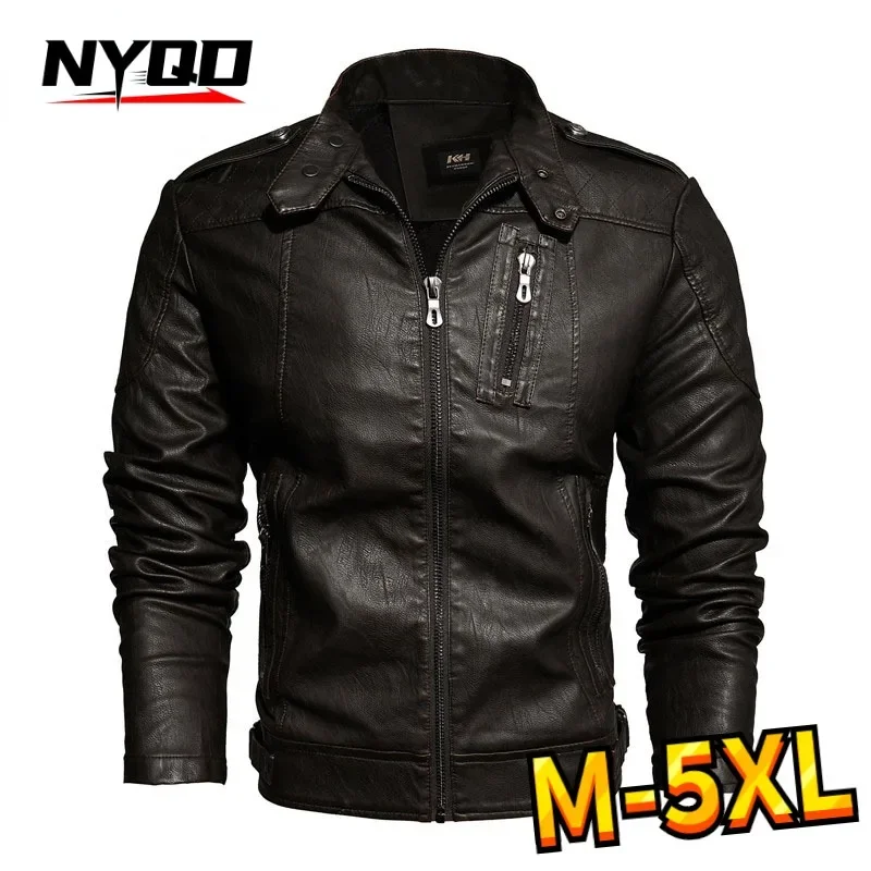 Men Autumn Motorcycle Slim Fleece Jacket Coat Men Fashion Leather Jacket Men Spring Outdoor Casual Motor Biker PU Leather Jacket