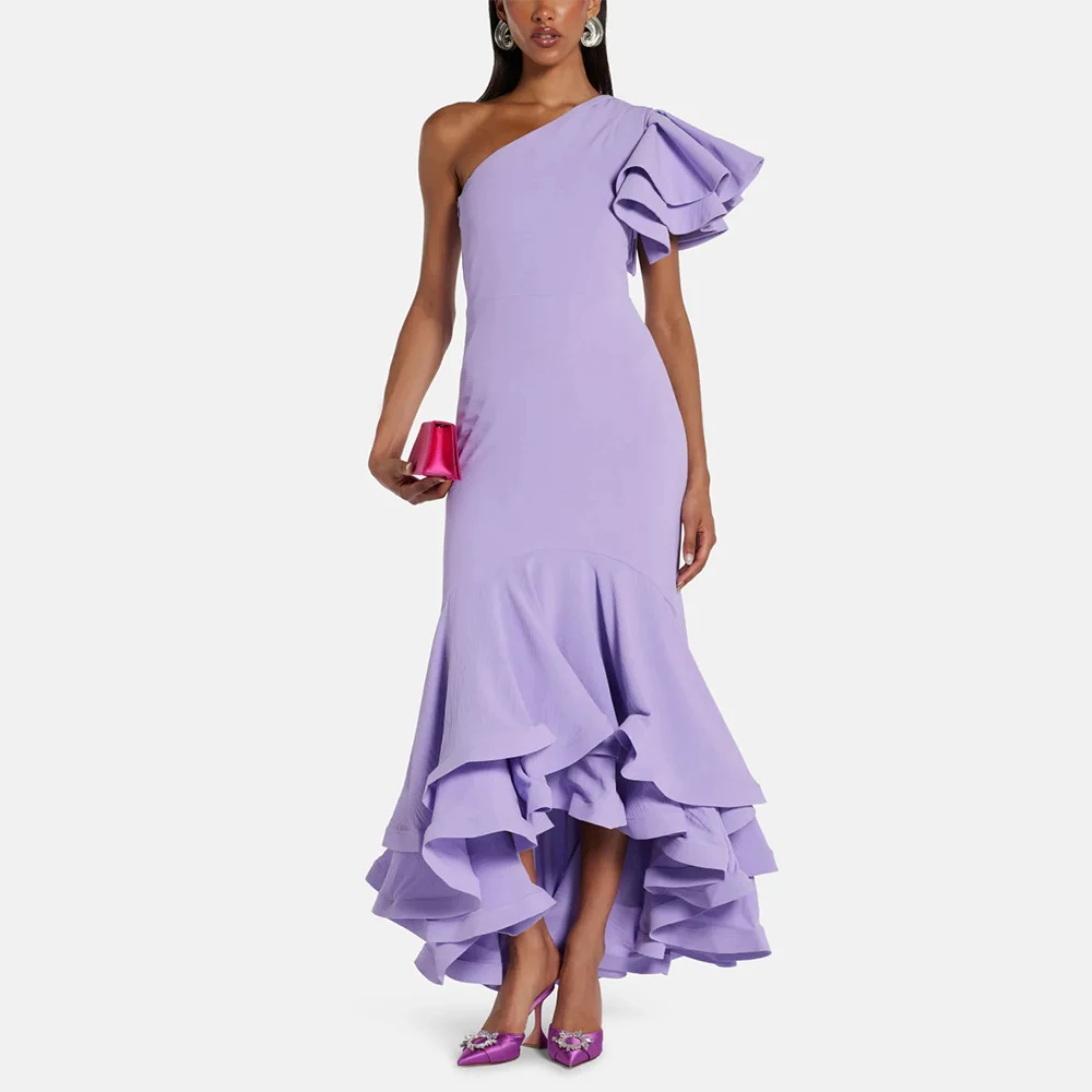 

Modern Lilac Evening Gown For Wedding Front Tea Length Formal Party Dress One Shoulder Saudi Arabia Dress Ruffles Prom Dress