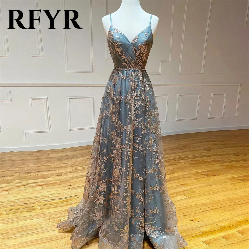 Rfyr encantador cinza vestidos de noite miçangas lantejoulas flor vestidos de baile a linha princesa cintas de espaguete sem mangas فستانmavera