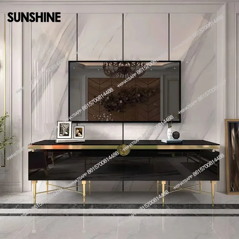Luxury TV Table with Gold Stainless Steel Base & Storage Black and White ColorsX
