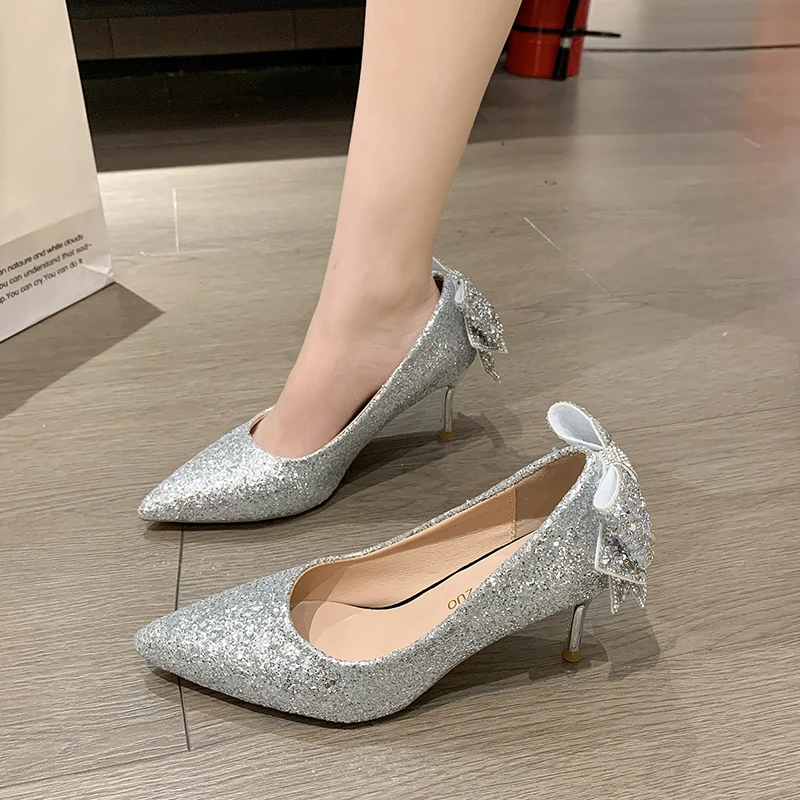 New Shoes for Woman Silver Color Women\'s Summer Footwear Wedding Bride Shoe Rhinestone Pointed Toe Super High Heel Zapatos Mujer