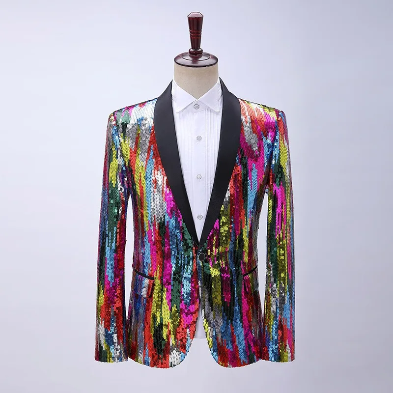 

Men Blazer Slim Colorful Vertical Lines Sequins Gown Single Top Lapel Collar Suit Dance Leisure Color-blocking Bar Preside Suits