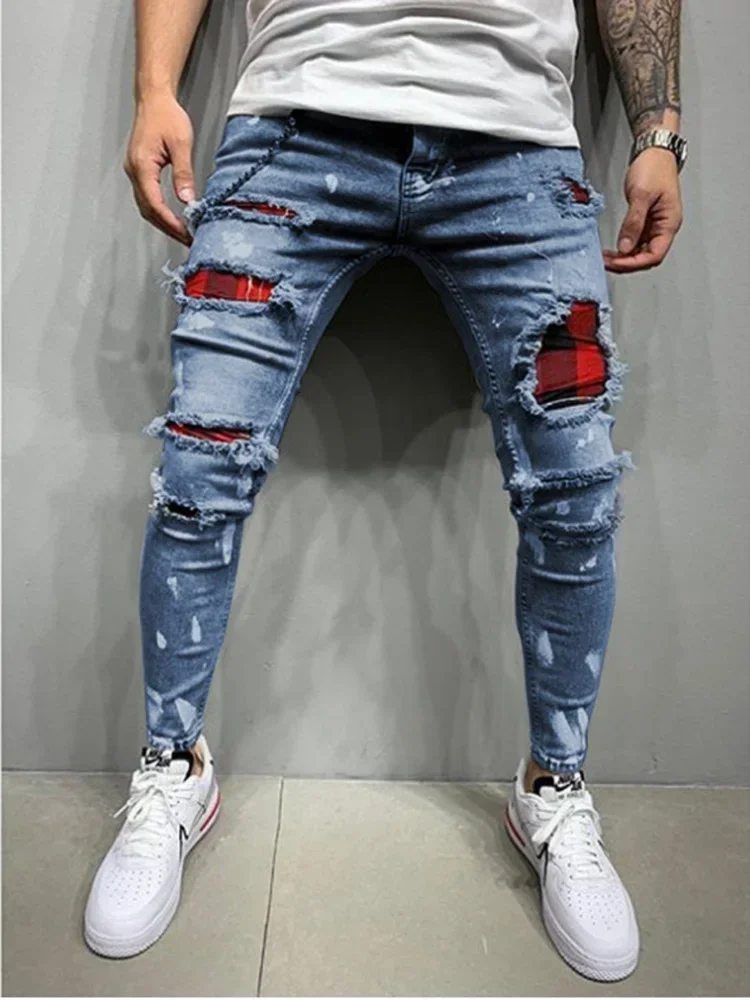 Mężczyźni Biker Slim Elastic Denim Cargo Pants Joggers High Quality Hole European and American Fashion Streetwear Ripped Skinny Jeans