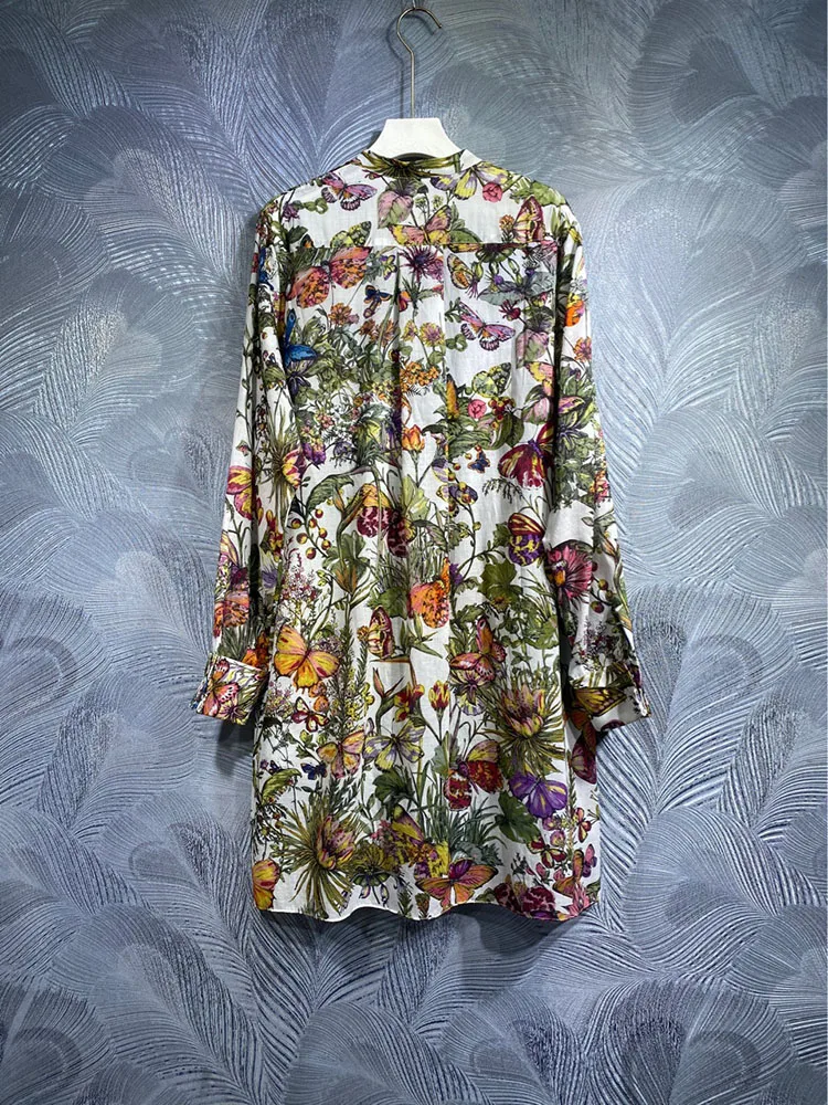 Spring Summer Women Blouses 100% Cotton Flower Printing Long Shirt Street Fashion Sweet Laptops