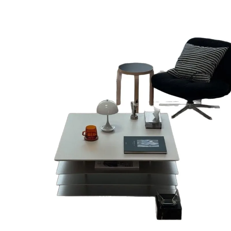 Premium metal medieval silver white multi-layer square edge table combination, simple household living room coffee table