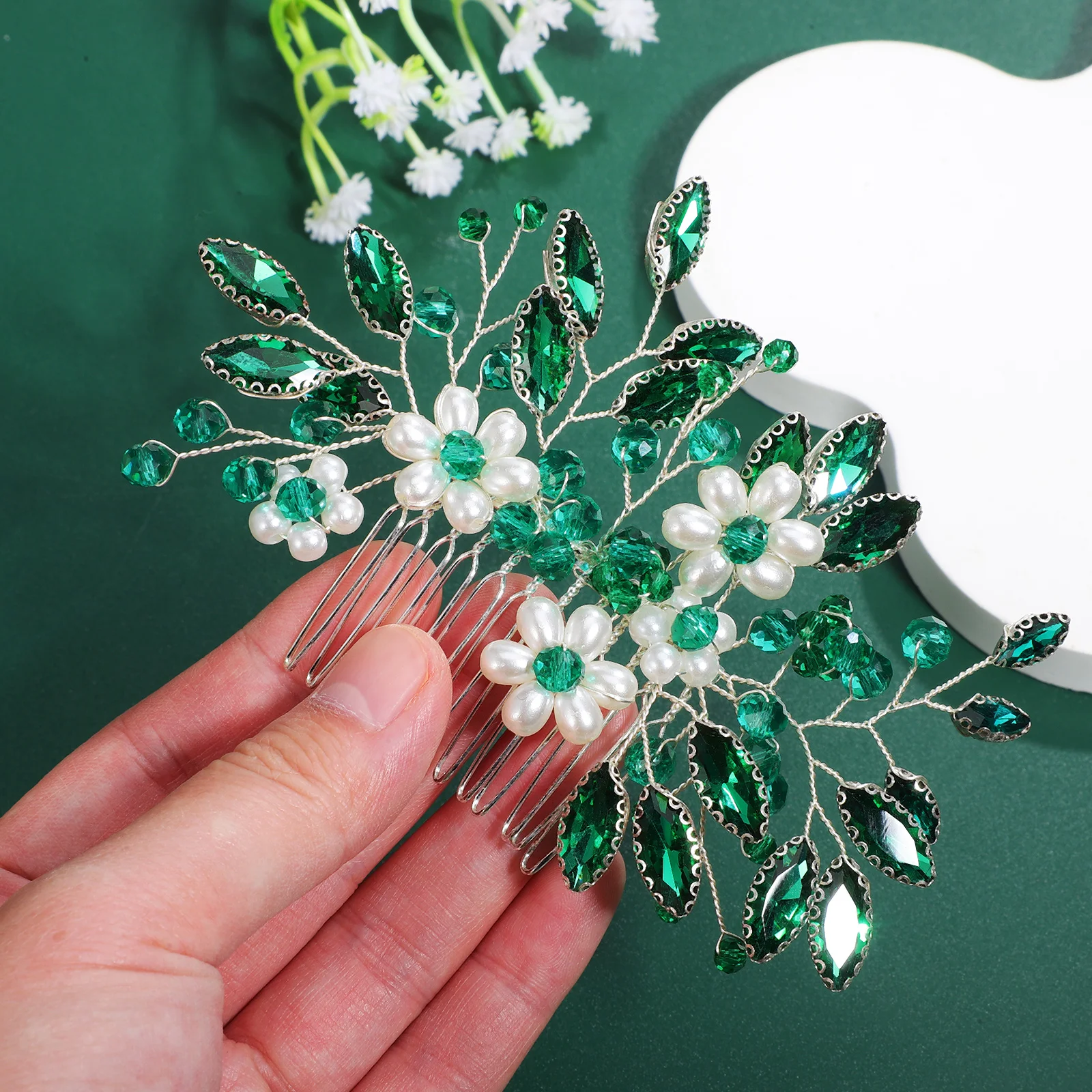 

Crystal Flower Hair Comb Elegant Bridal Wedding Headpiece Dark Green Metal Side Comb for Women Styling Ornament Unique Gift