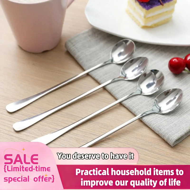 6Pcs Long Handle Stainless Steel Ice Teaspoon Long Handle Ice Tea spoon Coffee Ice Cream Stirring Spoon Dishwasher