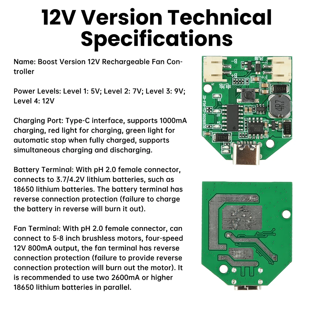 Boost Converter Rechargeable Fan Control Board 9V/12V 3/4 Speed Settings Stepless Speed Control Handheld Fan Control Board