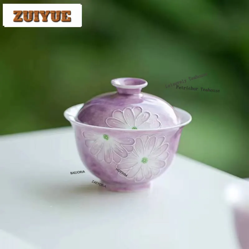 115ml Zen Hand Drawn Daisy Gaiwan Handmade Cardamom Purple Tea Tureen Maker Cover Bowl Services Accessories Craft Gifts Supplies