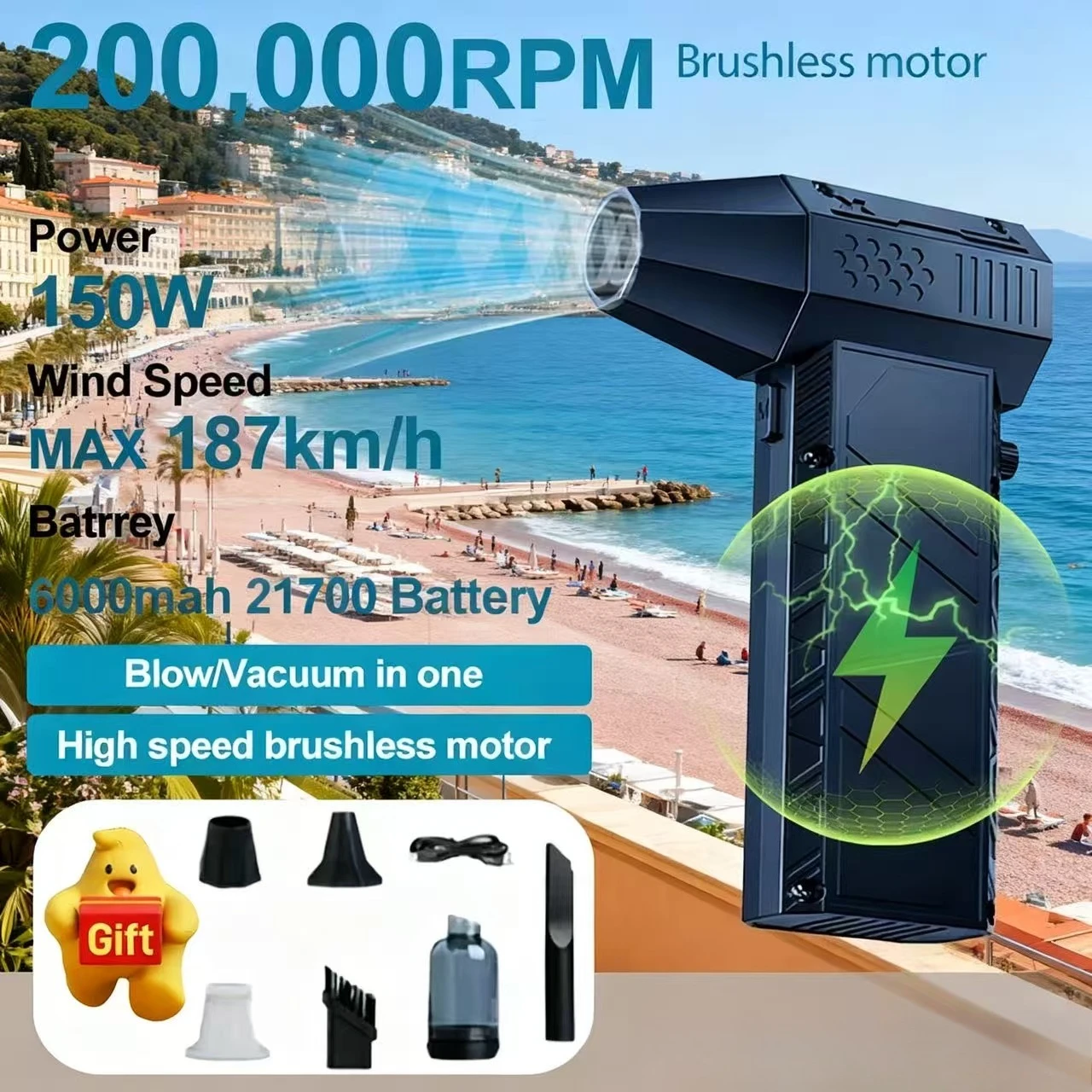 

200000 об/мин X60, мощный и жестокий вентилятор, 150 Вт, высокоскоростной портативный, 6000 мАч, перезаряжаемый, 53 м/с, Typhoon Wind Type-C, зарядный вентилятор для кемпинга