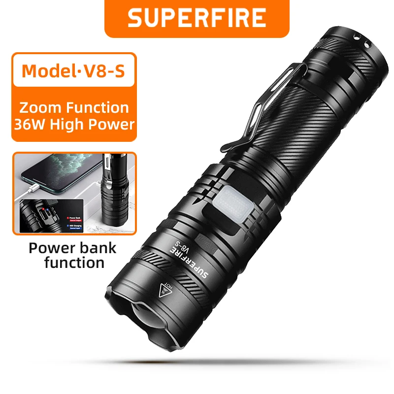 

SUPERFIRE V8-S 36W High Power Flashlight Waterproof LED Super Bright Focus Torch With Indicator USB-C Camping Hunting Lights