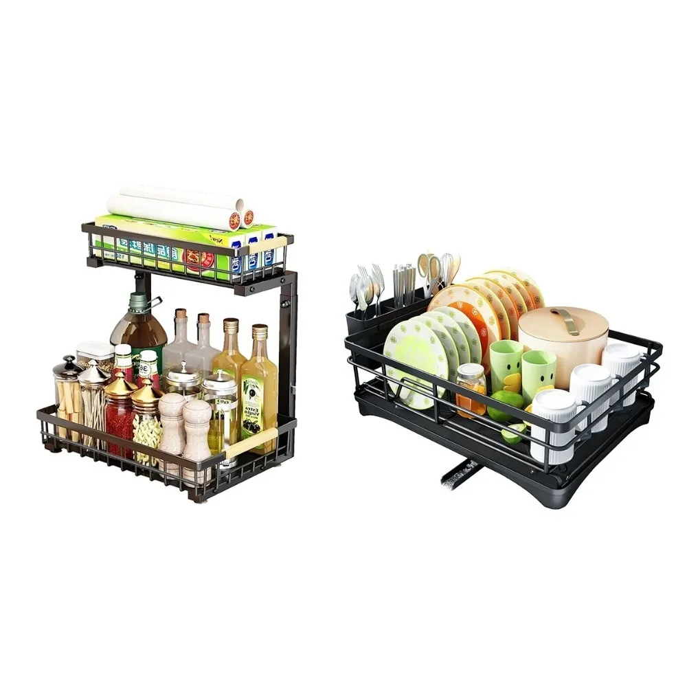 

Set Dish Drying Rack and Under Sink Organizer Rack, Large Dish Rack with Drainboard, 2 Tier Pull Out Cabinet Shelf for Kitchen