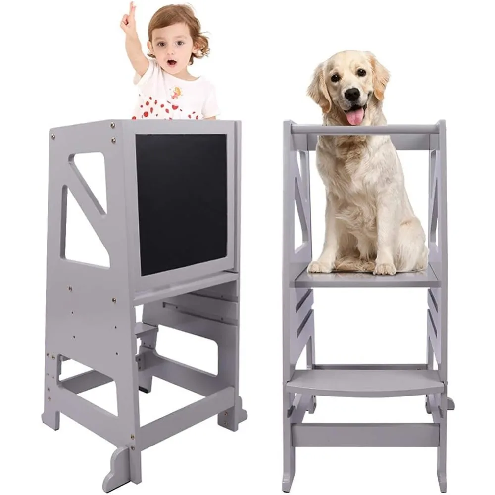 

Children's kitchen stool with message board and safety railing in the children's tower, adjustable height children's footstool