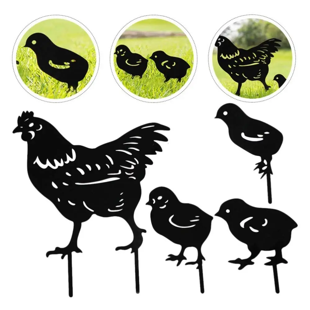 Black Chicken Garden Decorative Statues Hollow-Cut Metal Chicken Family Statues Animal Hen And Chicks Silhouette Plugins Lawns