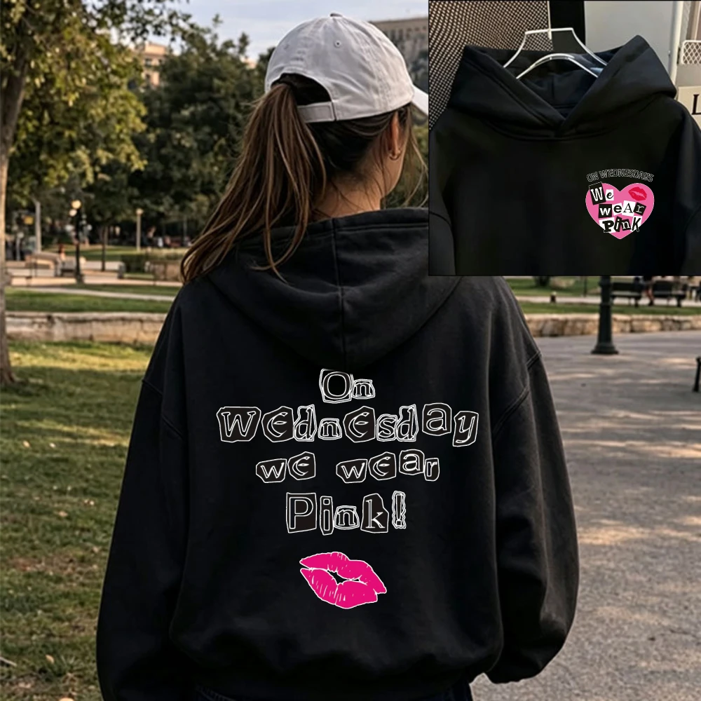 On Wednesday We Wear Hoodie Pink Lips Heart Graphic Front Back Print Pullover Casual Women Fashion Aesthetic Trendy Letter Tops view 5