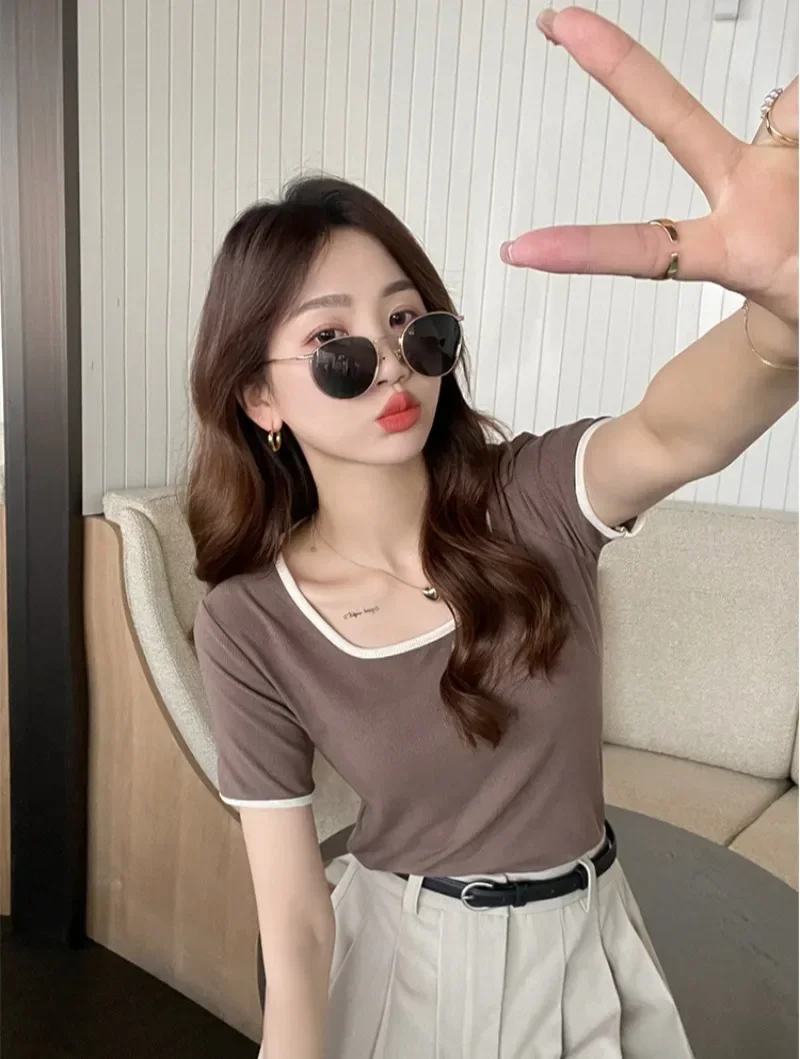 Sweet Girls Rib Cotton Striped Tops Chic Summer New U Neck Striped T-shirts Slim Elastic Casual Tees Fashion Women Streetwear