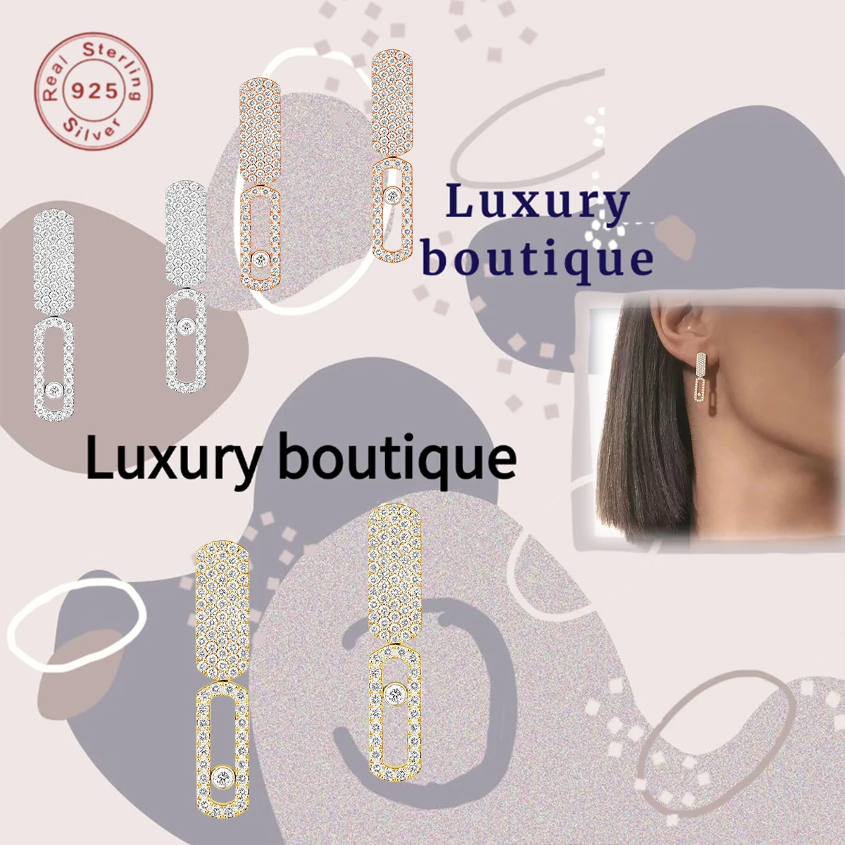 

Solid silver S925 earrings with diamond studded square hollow design for noble women's Valentine's Day limited edition