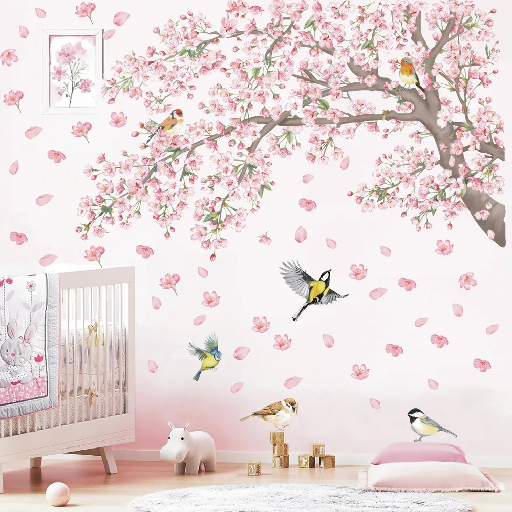Cherry Blossom Flying Birds Wall Stickers Watercolor Pink Sakura Tree Branch Wall Decals for Bedroom Living Room Decor